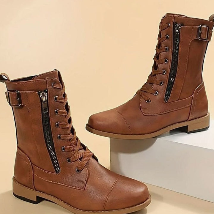 Women's Lace-Up Combat Boots Buckle Side-Zip Round Toe
