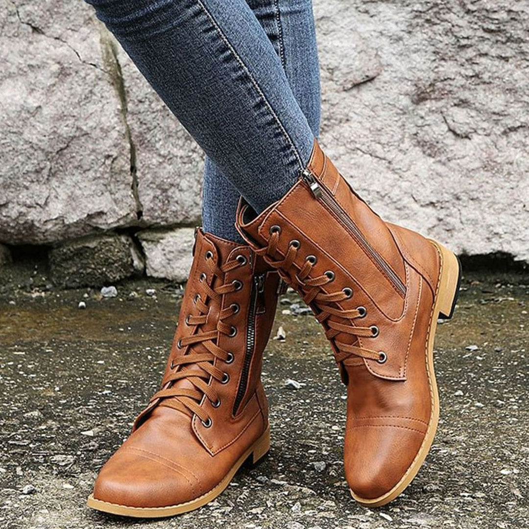 Women's Lace-Up Combat Boots Buckle Side-Zip Round Toe