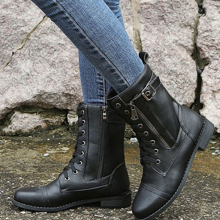 Women's Lace-Up Combat Boots Buckle Side-Zip Round Toe