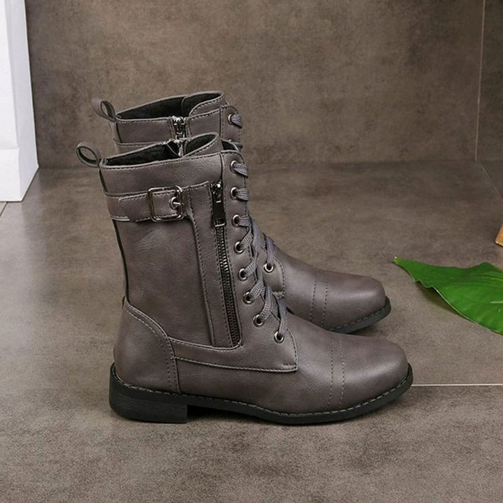 Women's Lace-Up Combat Boots Buckle Side-Zip Round Toe