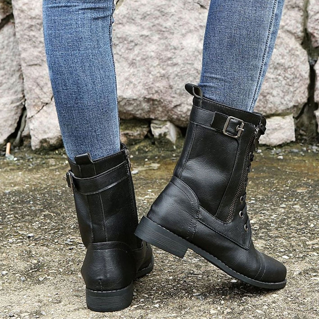 Women's Lace-Up Combat Boots Buckle Side-Zip Round Toe