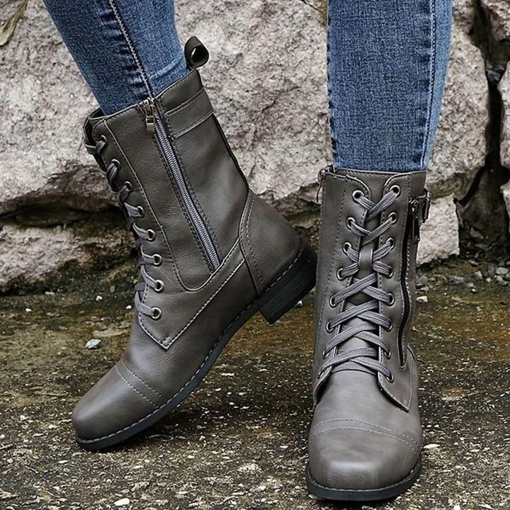 Women's Lace-Up Combat Boots Buckle Side-Zip Round Toe