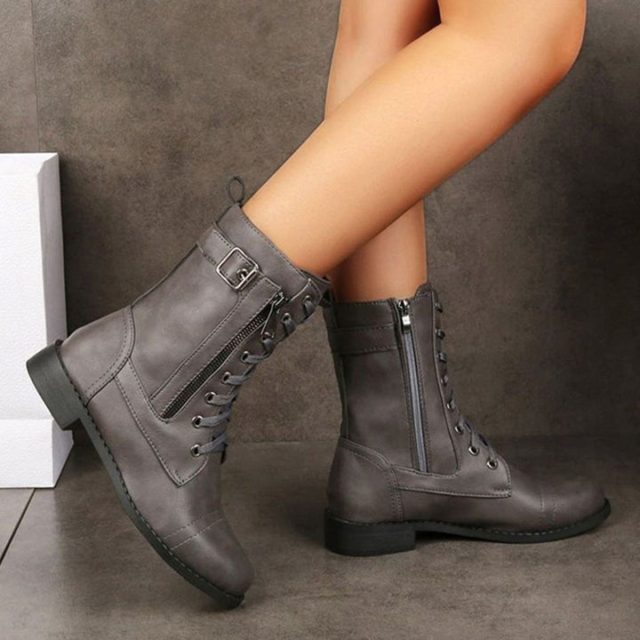 Women's Lace-Up Combat Boots Buckle Side-Zip Round Toe