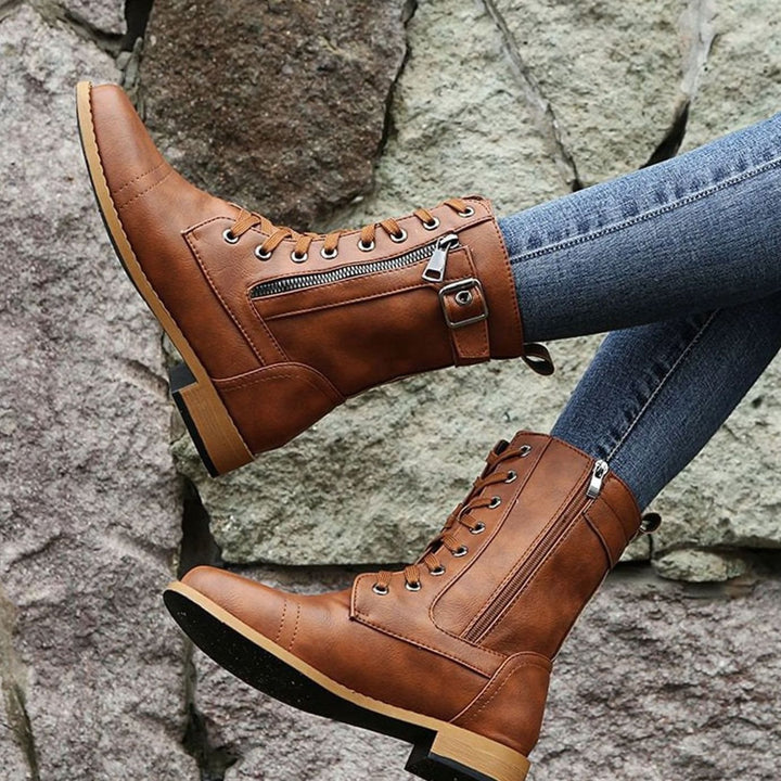 Women's Lace-Up Combat Boots Buckle Side-Zip Round Toe