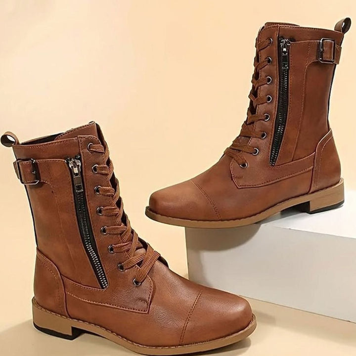 Women's Lace-Up Combat Boots Buckle Side-Zip Round Toe - Brown