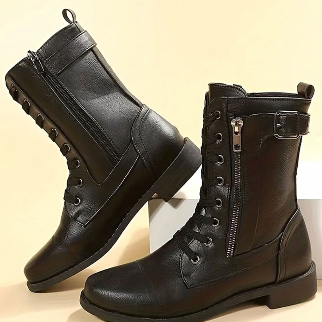 Women's Lace-Up Combat Boots Buckle Side-Zip Round Toe - Black