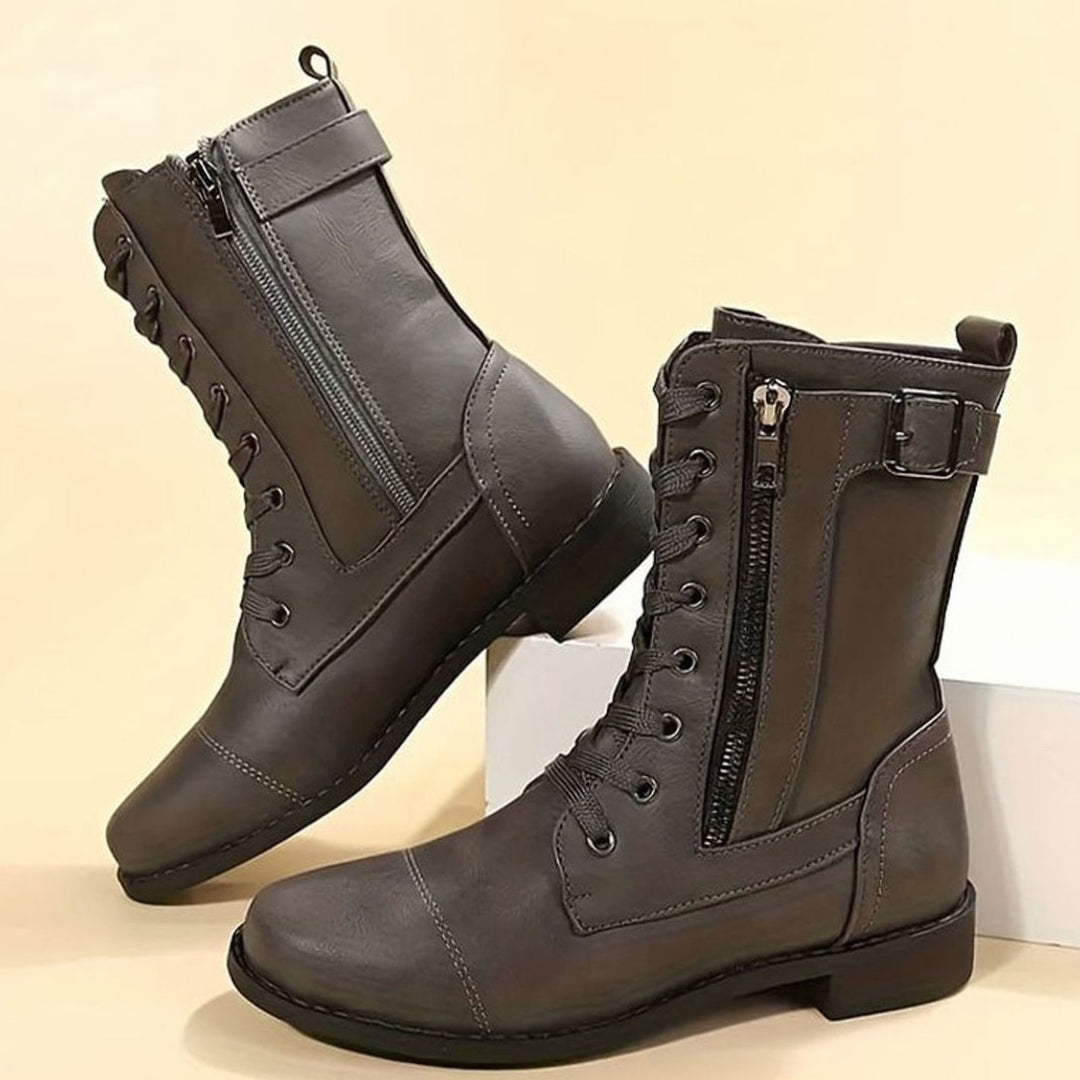 Women's Lace-Up Combat Boots Buckle Side-Zip Round Toe - Gray