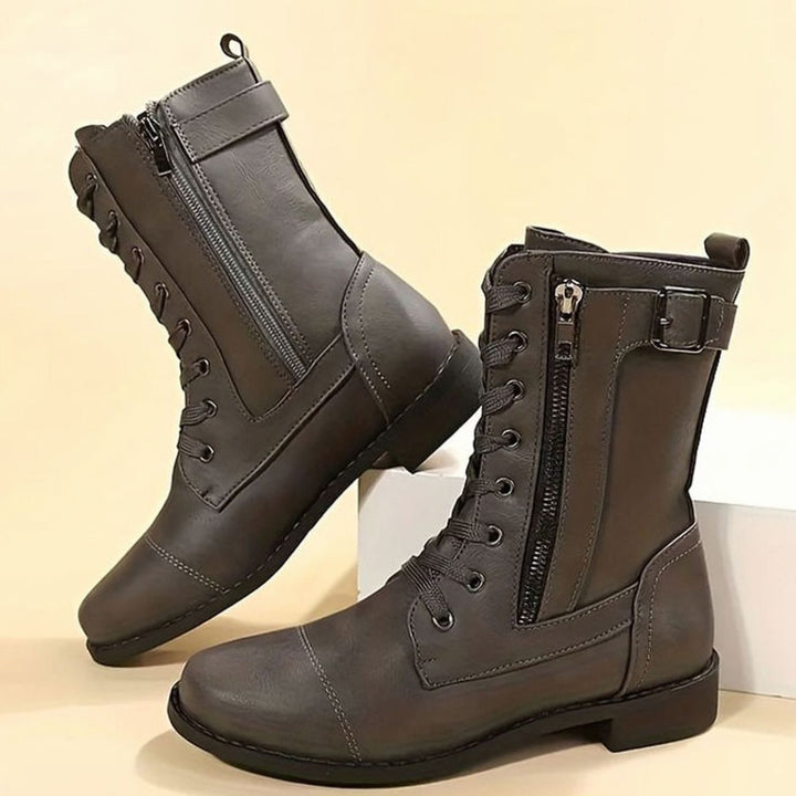 Women's Lace-Up Combat Boots Buckle Side-Zip Round Toe - Gray