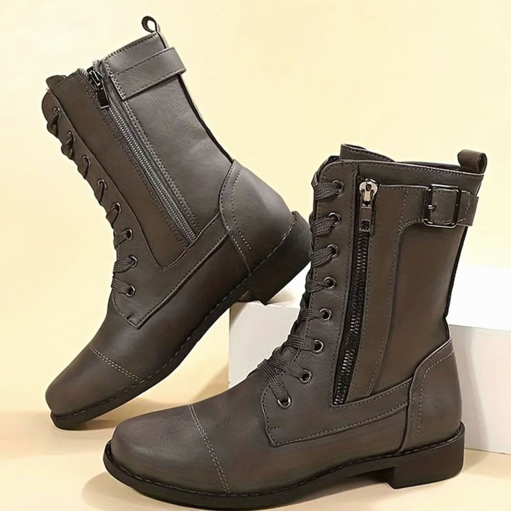 Women's Lace-Up Combat Boots Buckle Side-Zip Round Toe