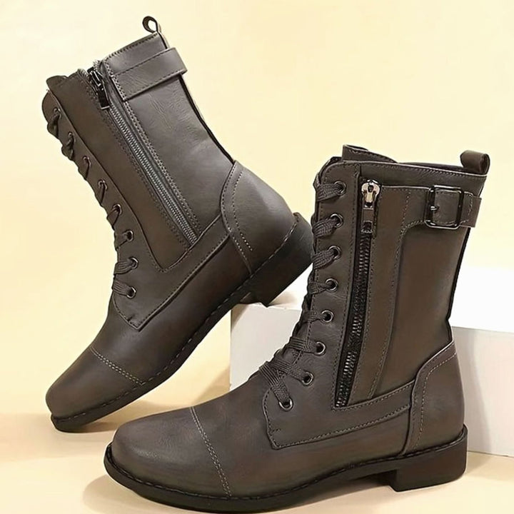 Women's Lace-Up Combat Boots Buckle Side-Zip Round Toe