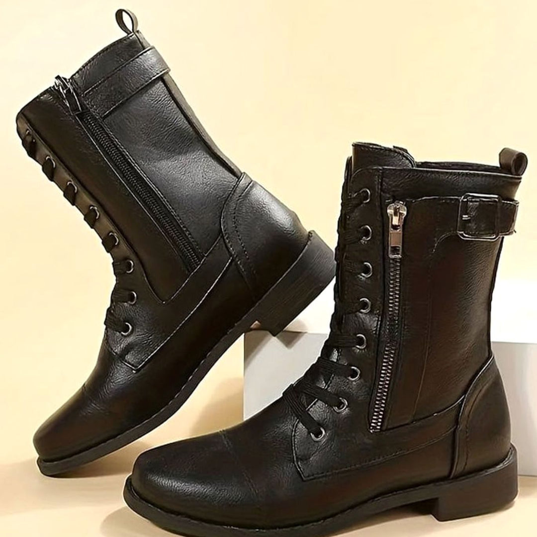 Women's Lace-Up Combat Boots Buckle Side-Zip Round Toe