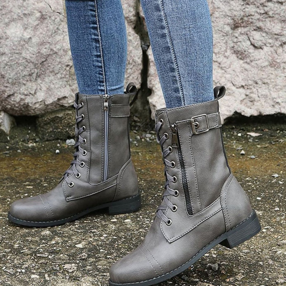 Women's Lace-Up Combat Boots Buckle Side-Zip Round Toe