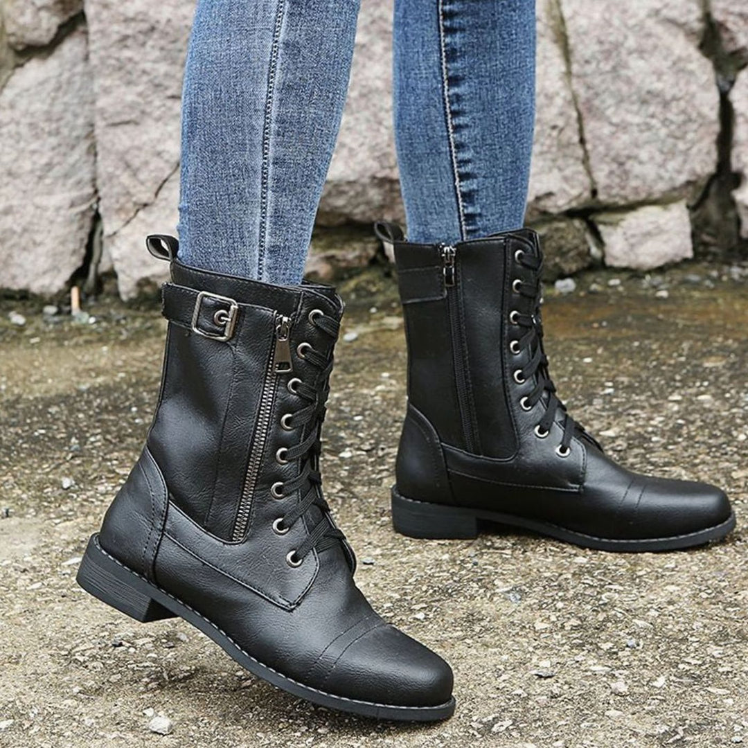 Women's Lace-Up Combat Boots Buckle Side-Zip Round Toe