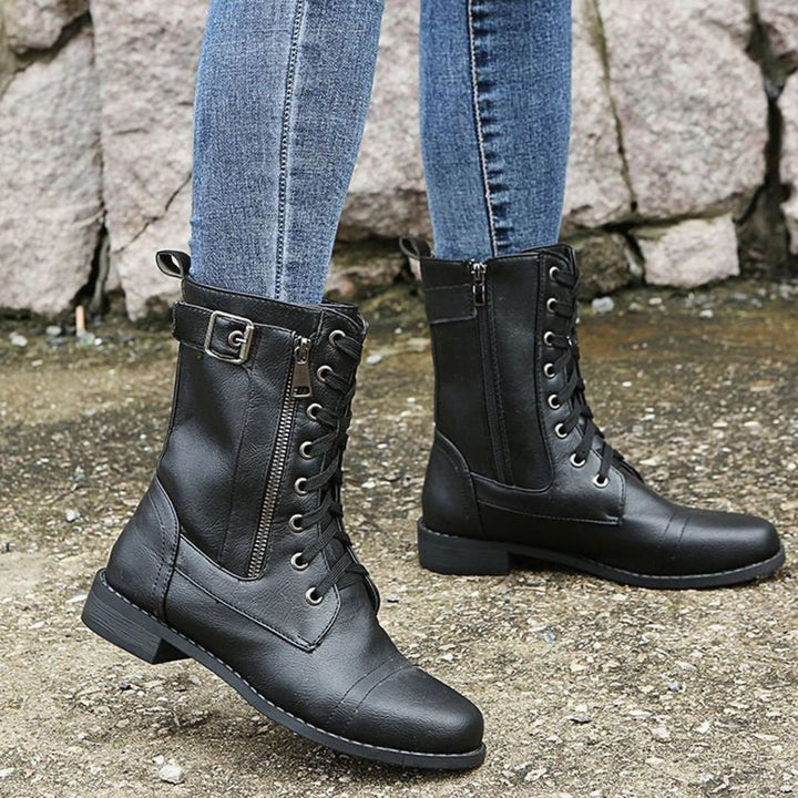 Women's Lace-Up Combat Boots Buckle Side-Zip Round Toe