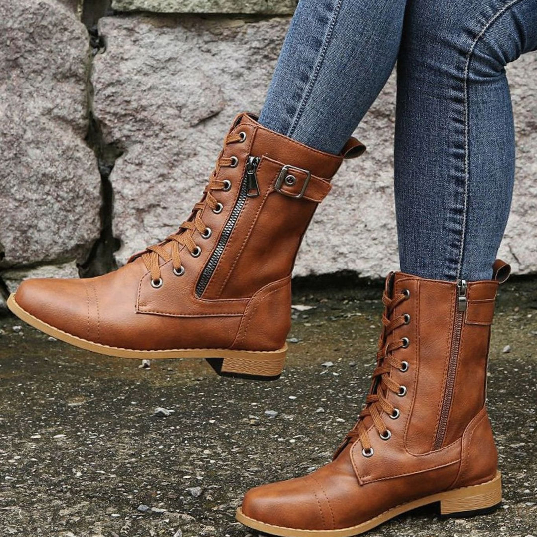 Women's Lace-Up Combat Boots Buckle Side-Zip Round Toe