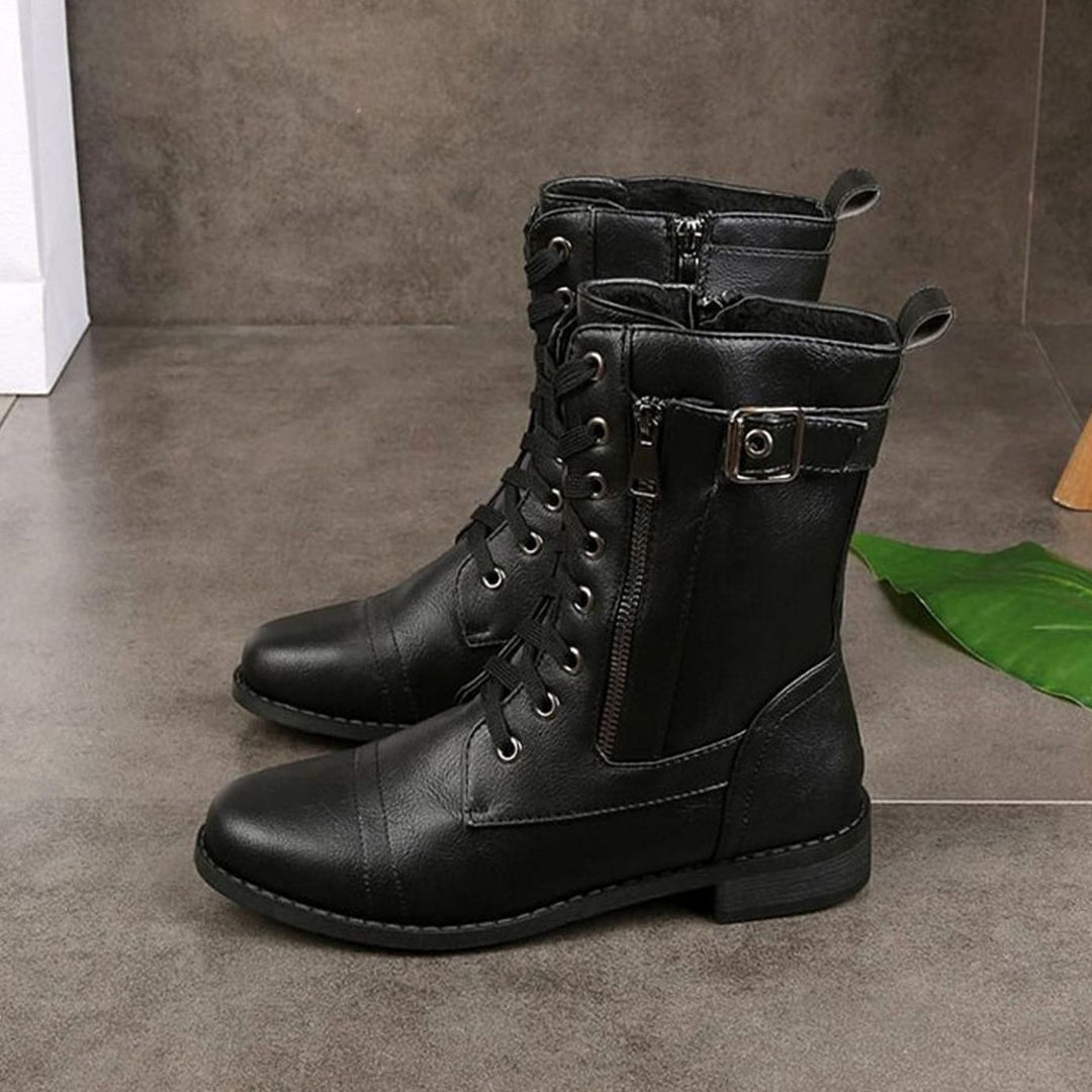 Women's Lace-Up Combat Boots Buckle Side-Zip Round Toe