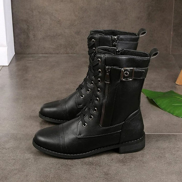 Women's Lace-Up Combat Boots Buckle Side-Zip Round Toe