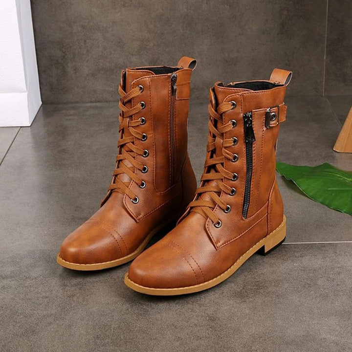 Women's Lace-Up Combat Boots Buckle Side-Zip Round Toe
