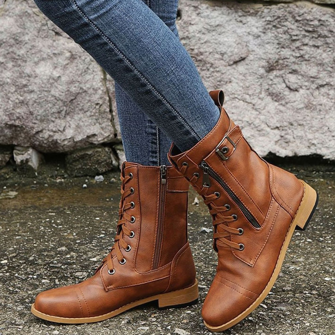 Women's Lace-Up Combat Boots Buckle Side-Zip Round Toe