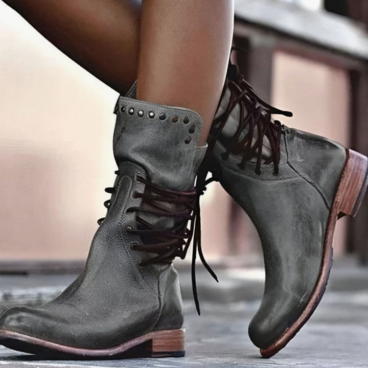 Women's Lace-Up Leather-Look Studded Ankle Boots - Grey