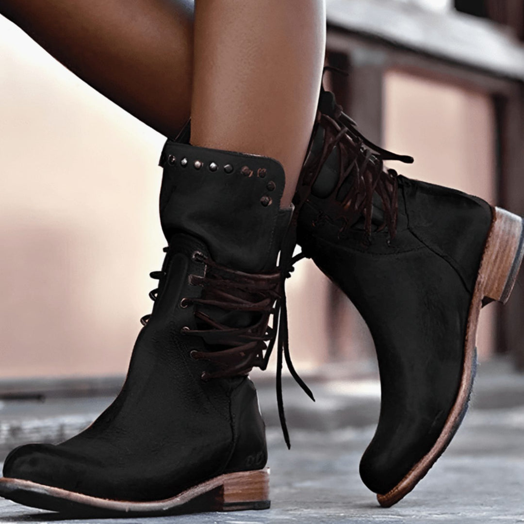 Women's Lace-Up Leather-Look Studded Ankle Boots - Black