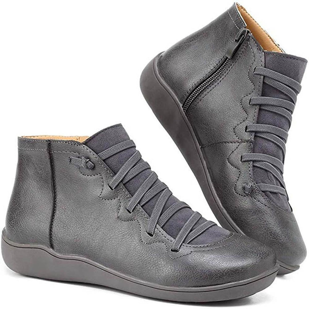 Women's Lace-Up Side-Zip Flat Leather Ankle Boots - Gray