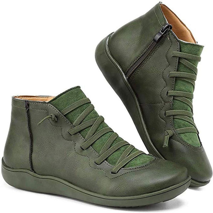 Women's Lace-Up Side-Zip Flat Leather Ankle Boots - Green