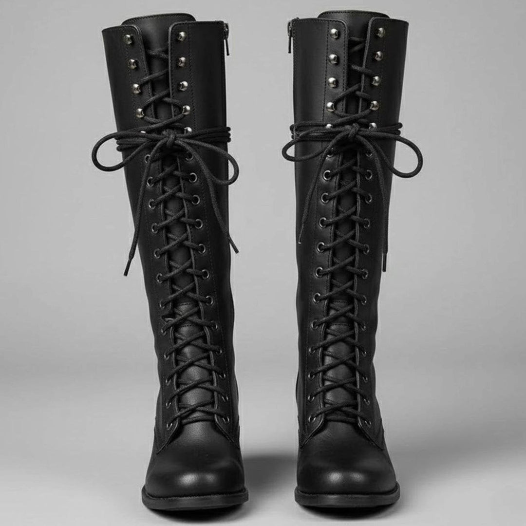 Women's Lace-Up Studded Block Heel Knee-High Boots - Black
