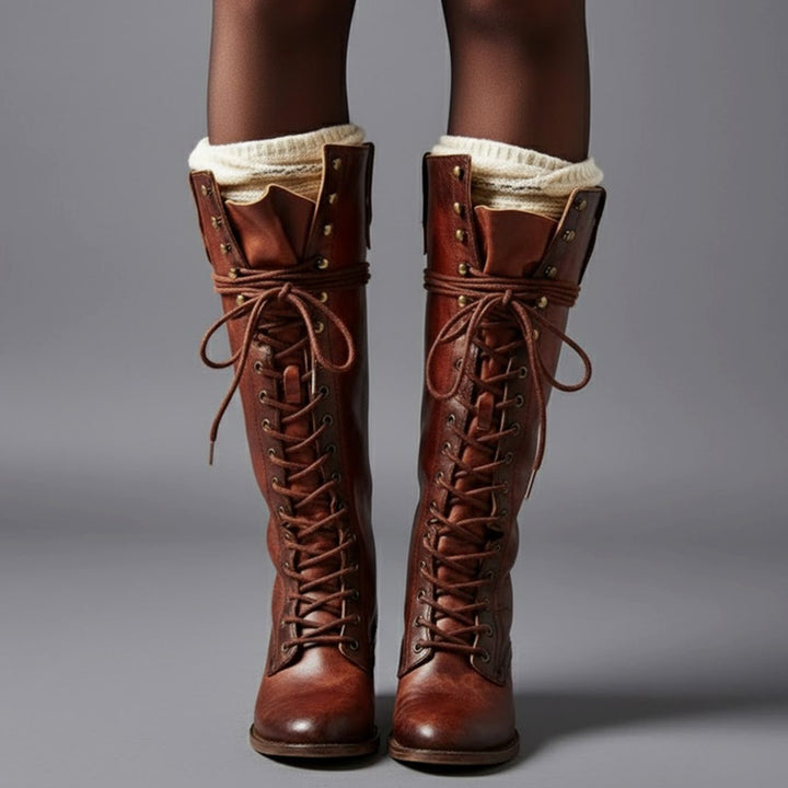 Women's Lace-Up Studded Block Heel Knee-High Boots - Red Brown