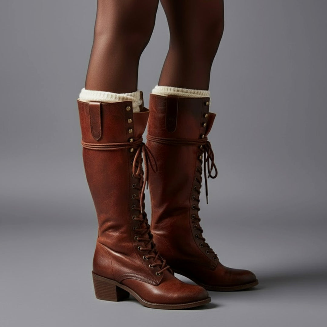 Women's Lace-Up Studded Block Heel Knee-High Boots