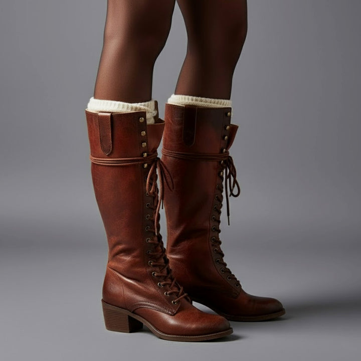 Women's Lace-Up Studded Block Heel Knee-High Boots