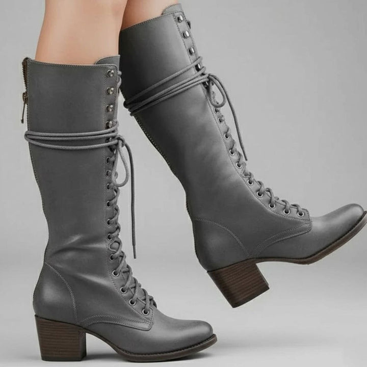 Women's Lace-Up Studded Block Heel Knee-High Boots - Gray