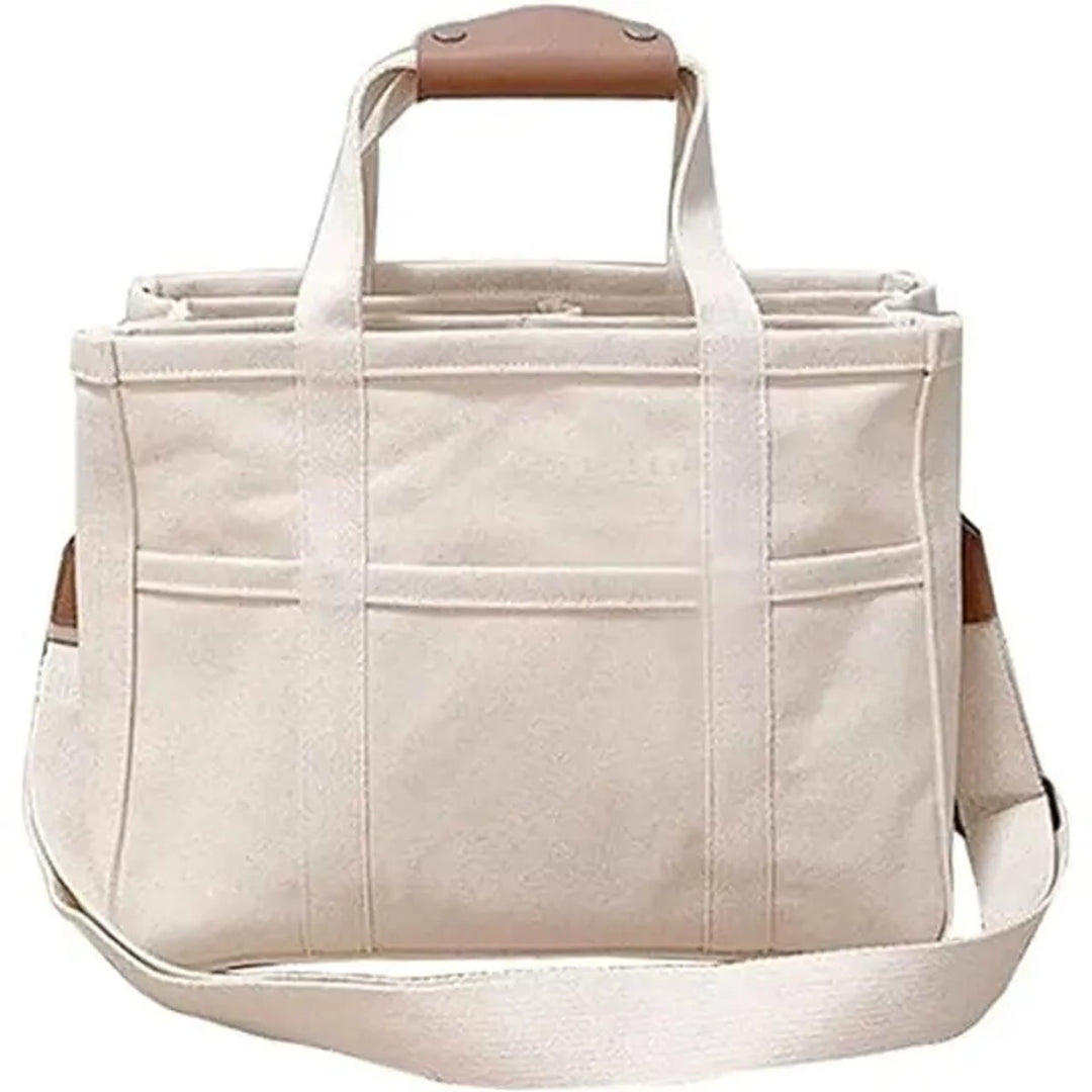 Women's Large-Capacity Multi-Pocket Canvas Tote Bag Crossbody Shoulder - Beige