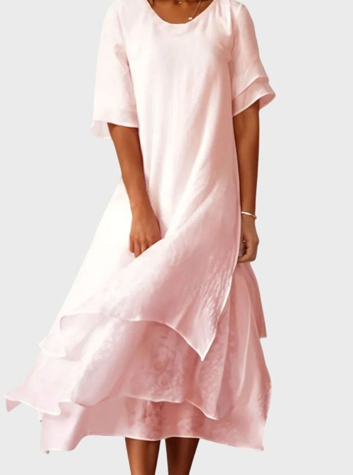 Women's Layered Midi Casual Loose-Fit Short-Sleeve Dress - Pink