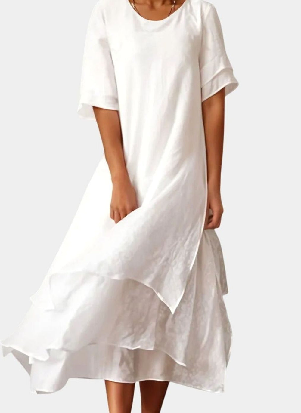 Women's Layered Midi Casual Loose-Fit Short-Sleeve Dress - White