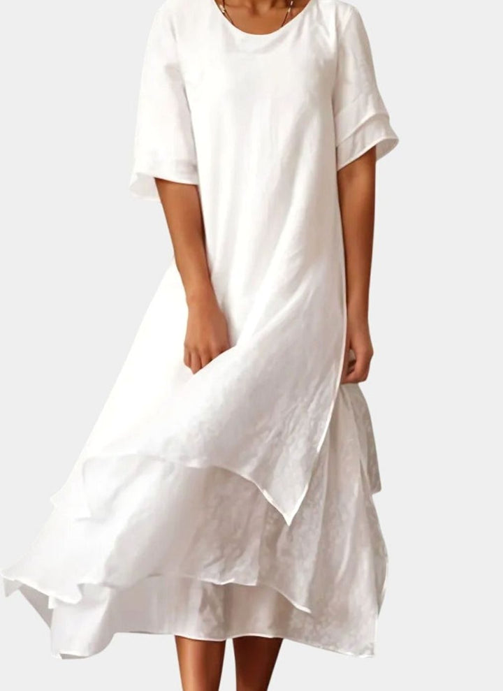 Women's Layered Midi Casual Loose-Fit Short-Sleeve Dress - White