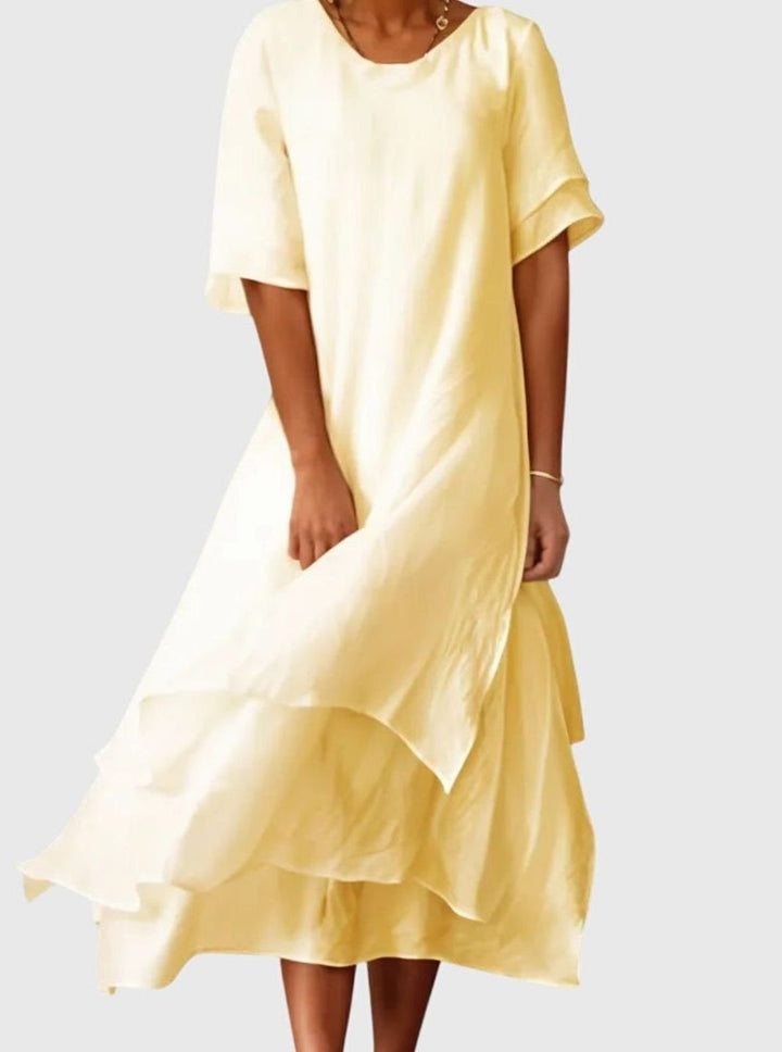 Women's Layered Midi Casual Loose-Fit Short-Sleeve Dress - Yellow