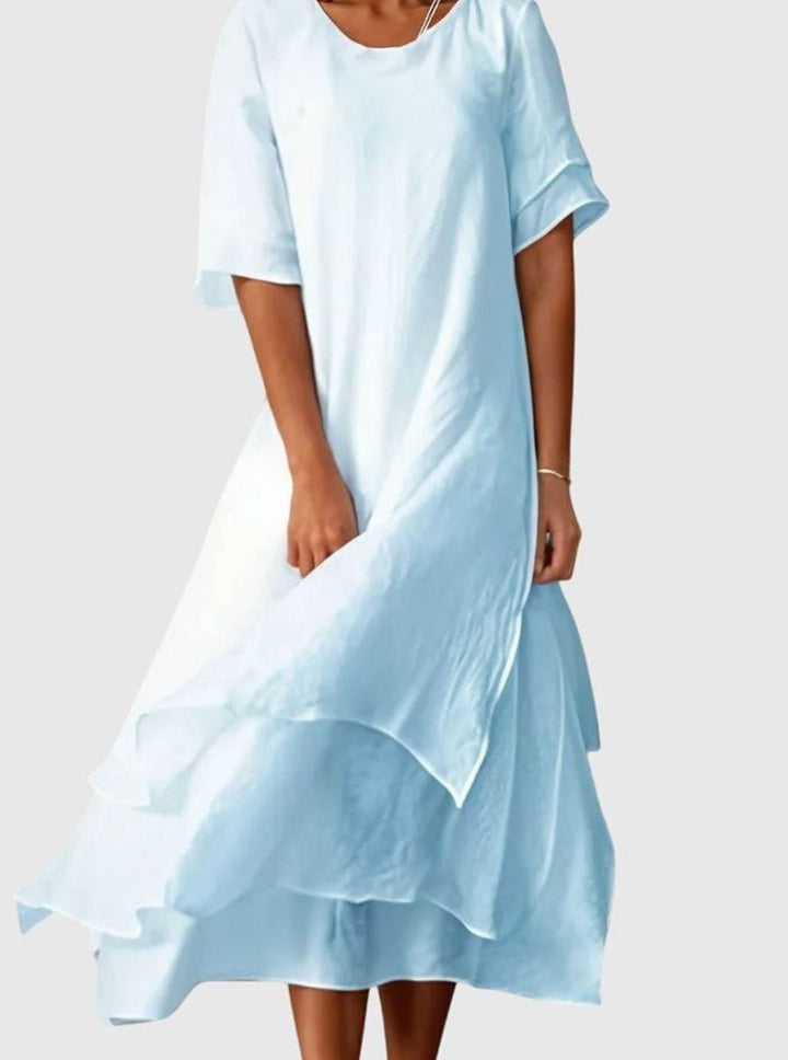 Women's Layered Midi Casual Loose-Fit Short-Sleeve Dress - Blue
