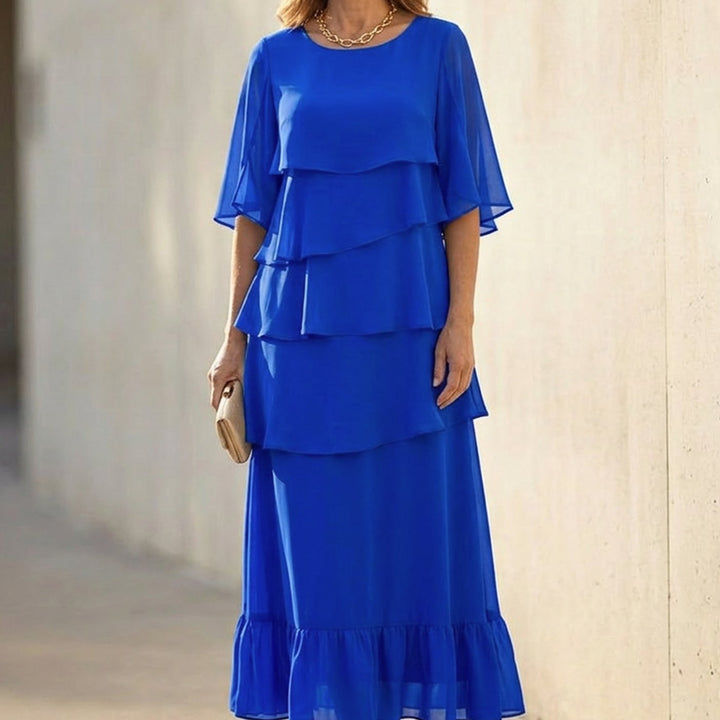 Women's Layered Ruffle Dress Flutter Sleeve Chiffon Midi
