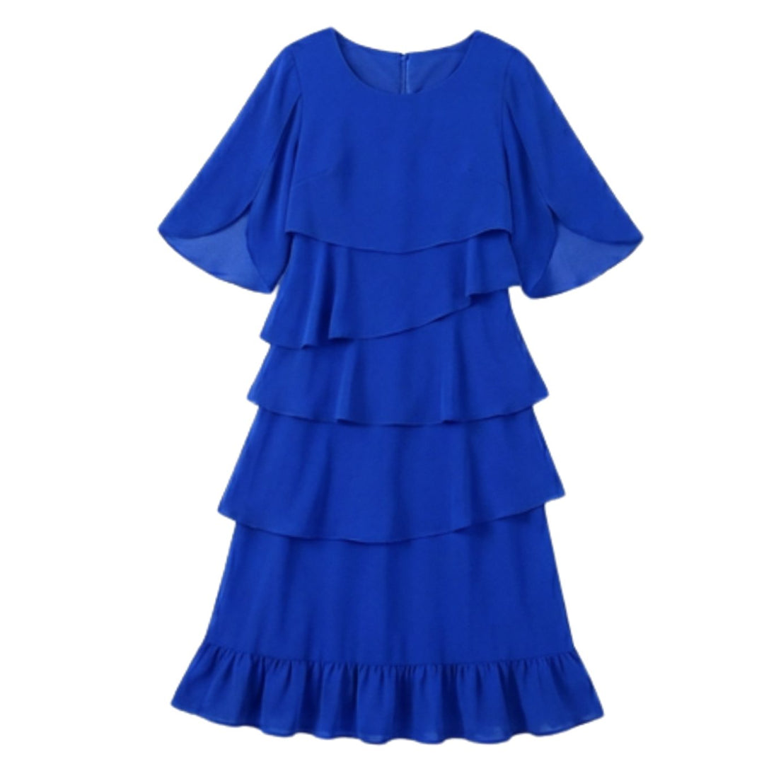Women's Layered Ruffle Dress Flutter Sleeve Chiffon Midi - Blue