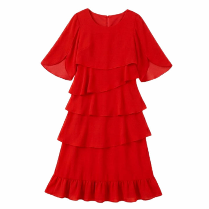 Women's Layered Ruffle Dress Flutter Sleeve Chiffon Midi - Red