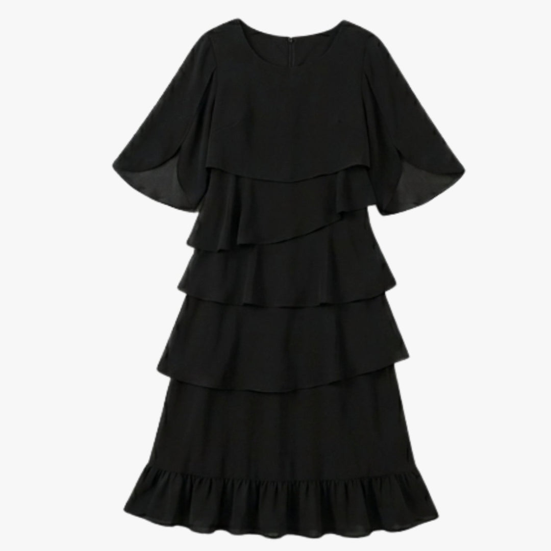 Women's Layered Ruffle Dress Flutter Sleeve Chiffon Midi - Black