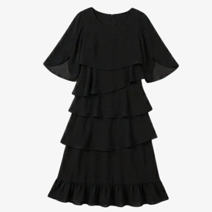 Women's Layered Ruffle Dress Flutter Sleeve Chiffon Midi - Black