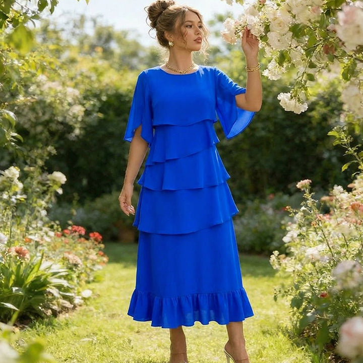 Women's Layered Ruffle Dress Flutter Sleeve Chiffon Midi