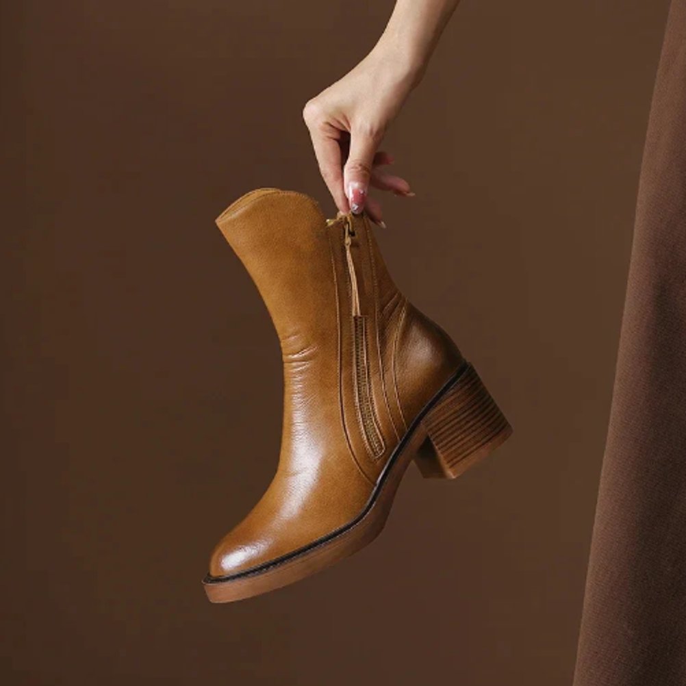 Women's Leather Block-Heel Side-Zip Ankle Boots