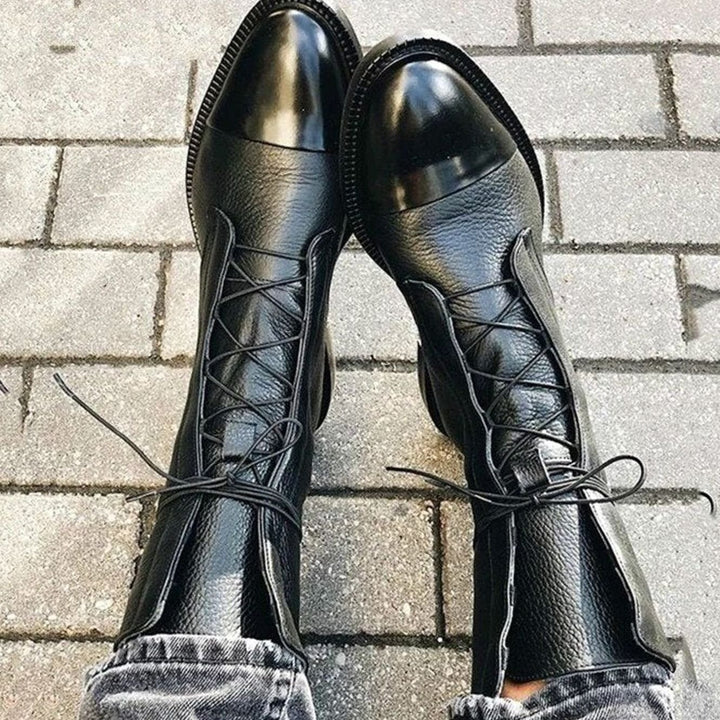 Women's Leather Lace-Up Cap-Toe Ankle Boots - Black