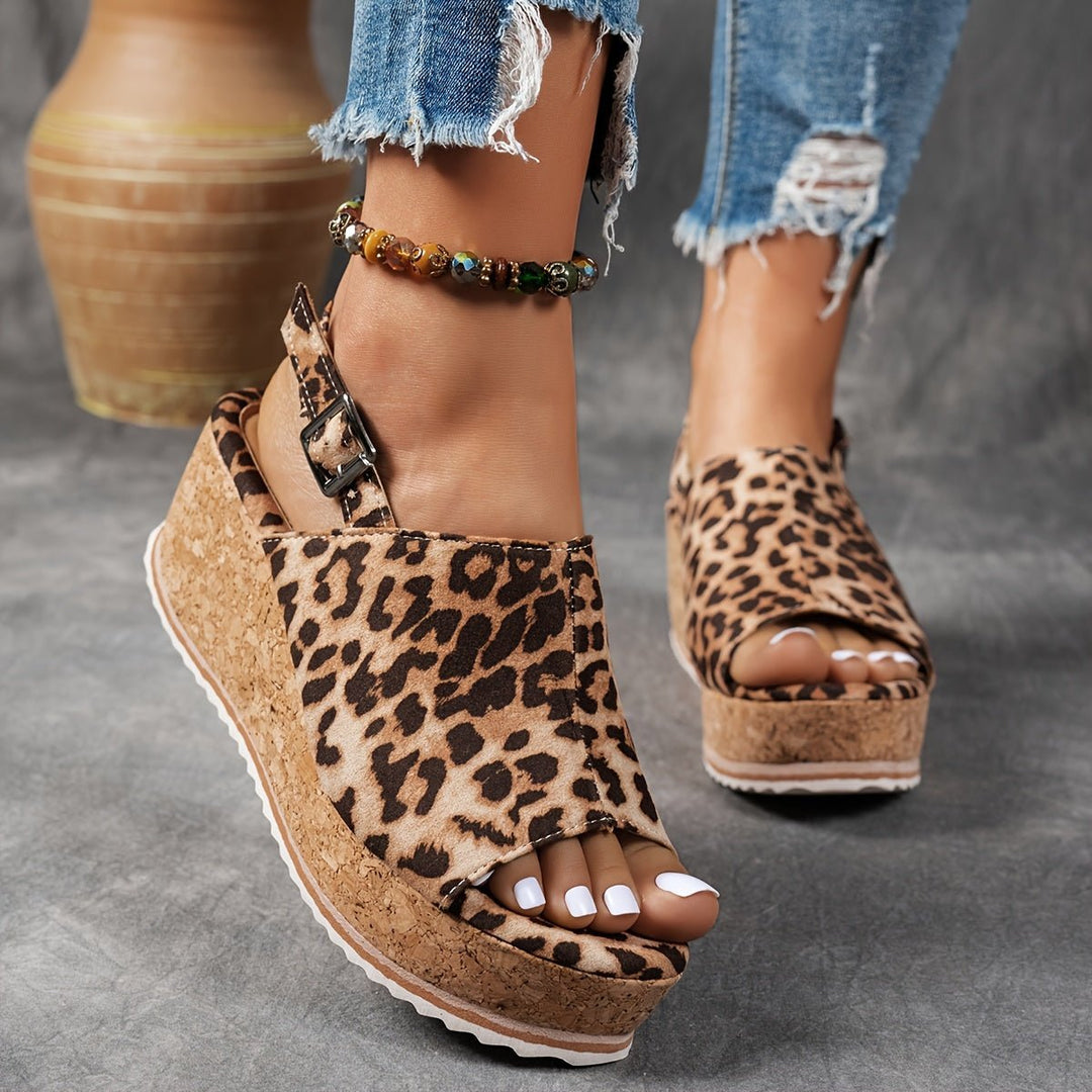 Women's Leopard Print Cork Wedge Comfortable Sandals Buckle Ankle Strap