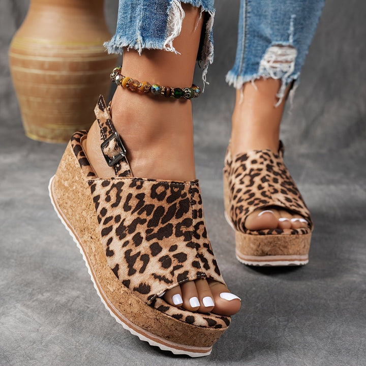 Women's Leopard Print Cork Wedge Comfortable Sandals Buckle Ankle Strap