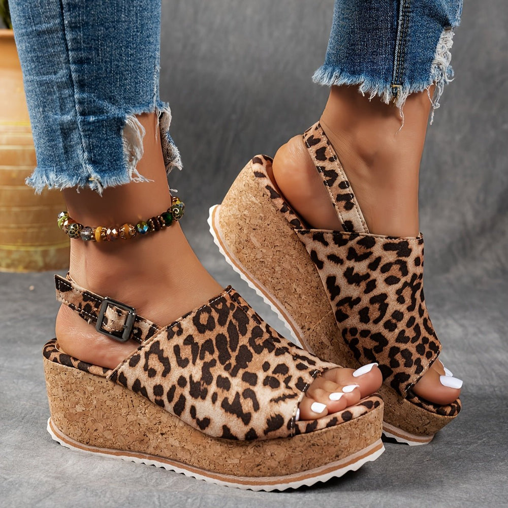 Women's Leopard Print Cork Wedge Comfortable Sandals Buckle Ankle Strap