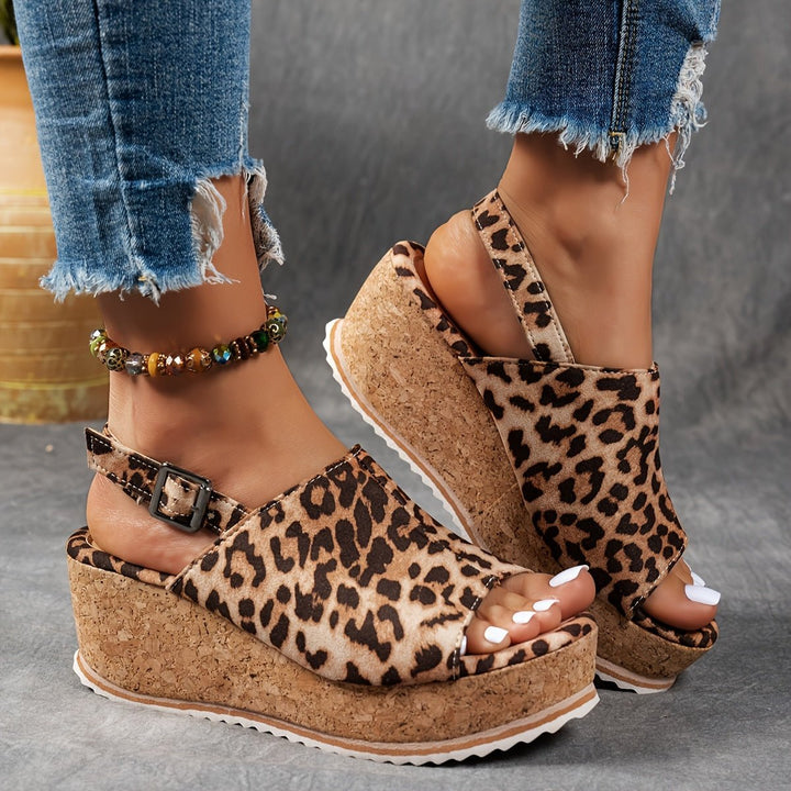 Women's Leopard Print Cork Wedge Comfortable Sandals Buckle Ankle Strap
